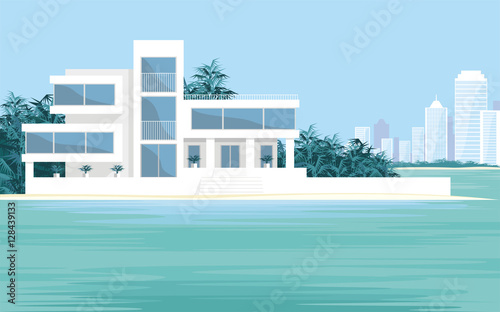 Abstract image of a large, beautiful country house on a background of a modern metropolis. Luxury Villa on the seafront, surrounded by palm trees. Vector background.