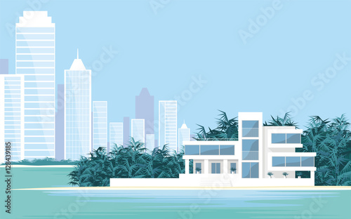 Abstract image of a large, beautiful country house on a background of a modern metropolis. Luxury Villa on the seafront, surrounded by palm trees. Vector background.