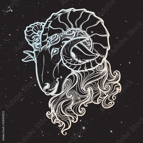 Zodiac sign of Aries with a decorative frame of roses Astrology concept art. Tattoo design. Sketch in pastel pallette isolated on starry nightsky background. EPS10 vector illustration.