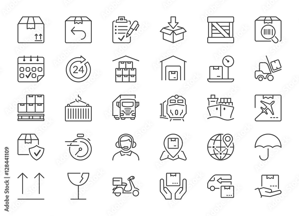 delivery and logistics thin line icons