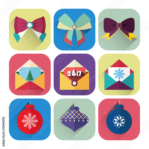 new year icon set of christmas ball, bows and greetings card. flat design style with long shadow