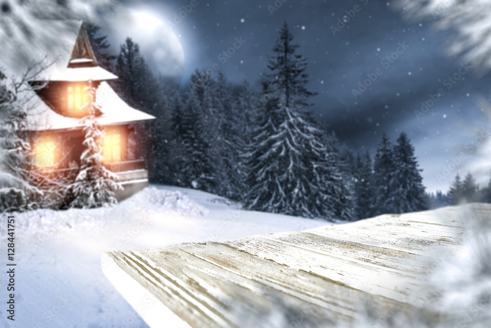 Naklejka premium winter desk and night landscape 