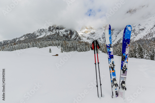 Fototapeta Ski equipment on snow.