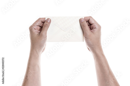 A man(male) hold a empty(blank, vacant) envelope isolated white. photo