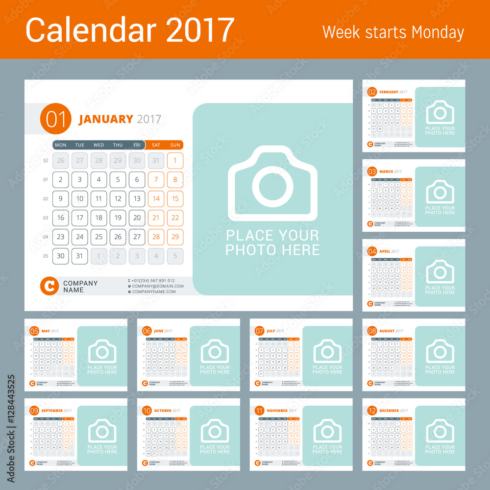 Desk calendar for 2017 year vector design print template with place