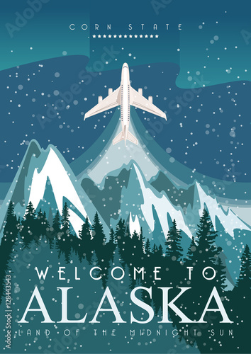 Alaska vector travel poster. USA. Unuted States of America illustration