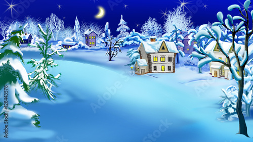 Winter Night in the Snowy Suburbs at Christmas Eve