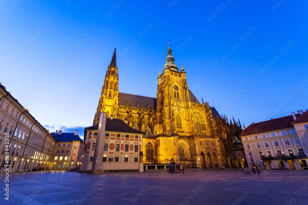 St. Vitus Cathedral in the evening, Prague, Czech Republic. Facade from the patio.