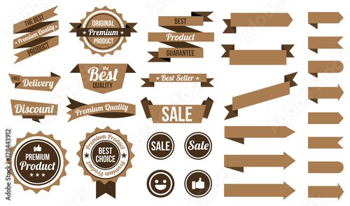 set of brown ribbons , badges and labels. flat design concept. branding and sale decoration. vector illustration. isolated on white background.