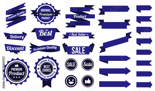 set of navy ribbons , badges and labels. flat design concept. branding and sale decoration. vector illustration. isolated on white background.