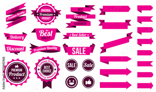 set of pink ribbons , badges and labels. flat design concept. branding and sale decoration. vector illustration. isolated on white background.