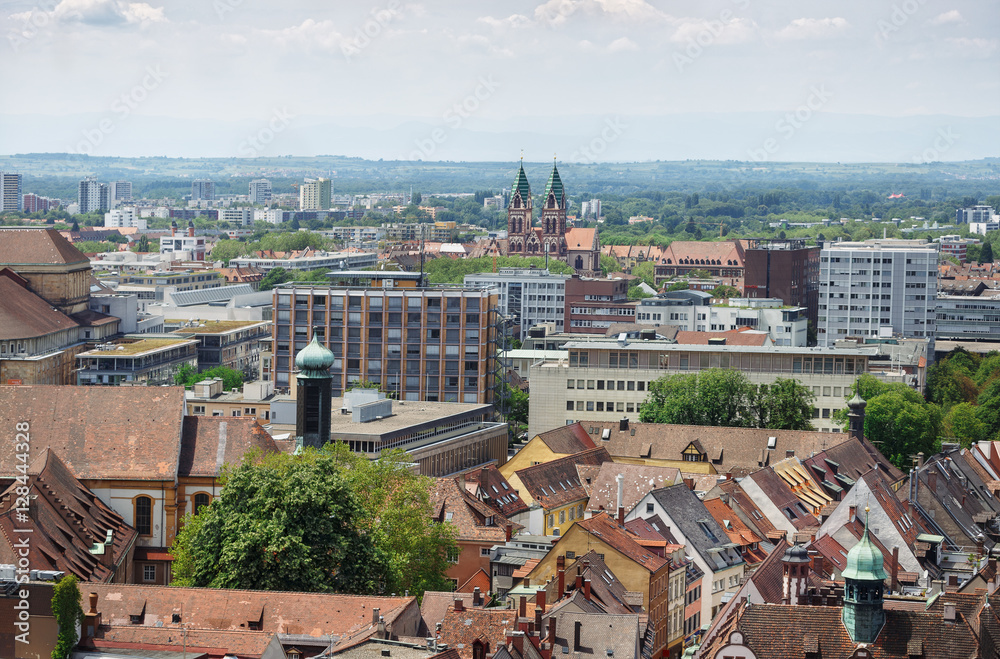 Beautiful panoramic view from the cathedral city of Freiburg im Breisgau. Black Forest. Germany.