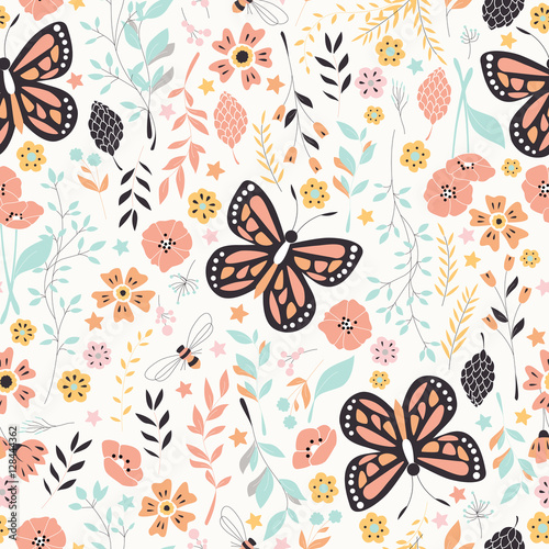 Seamless pattern with flowers, floral elements and butterflies, nature life