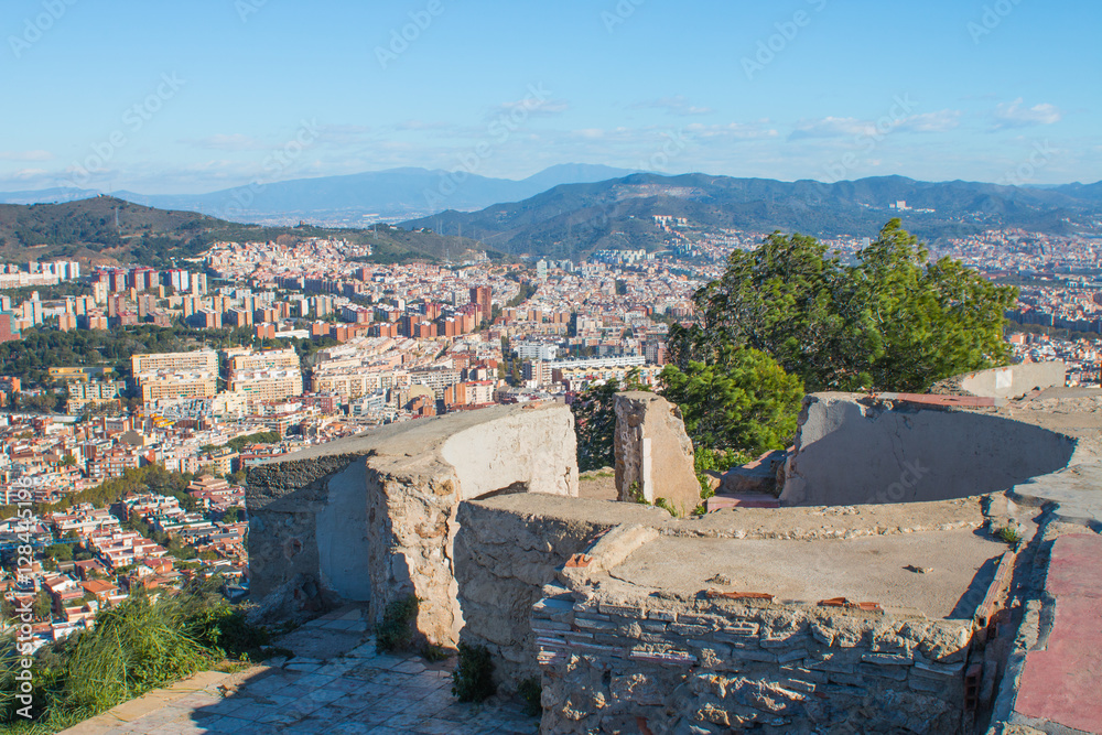 Barcelona, Spain. November 20, 2016: View of the city from the bunker on the hill, which was built during the Civil War. This photo is taken on 20 November 2016 in Barcelona.
