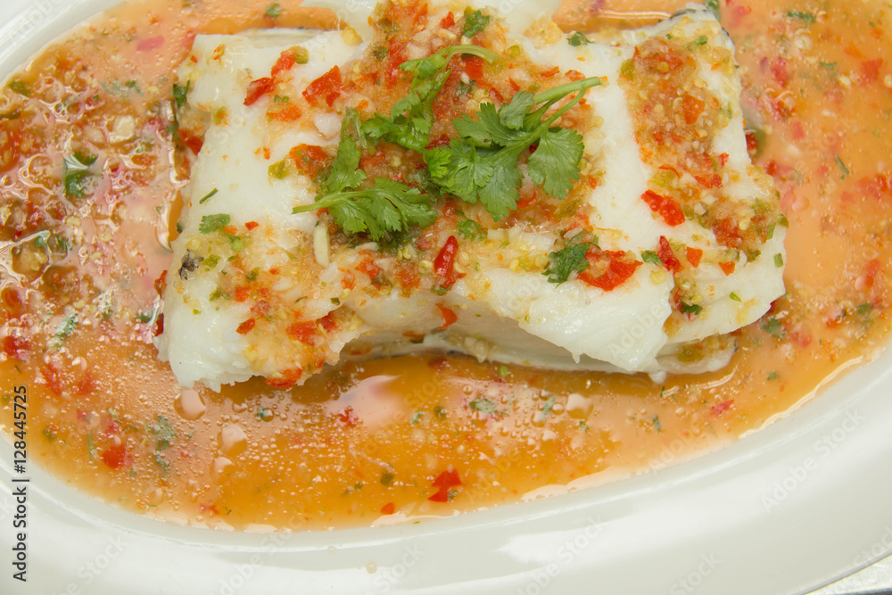 Steamed snow fish with spicy sauce Steamed snow fish with spicy sauce