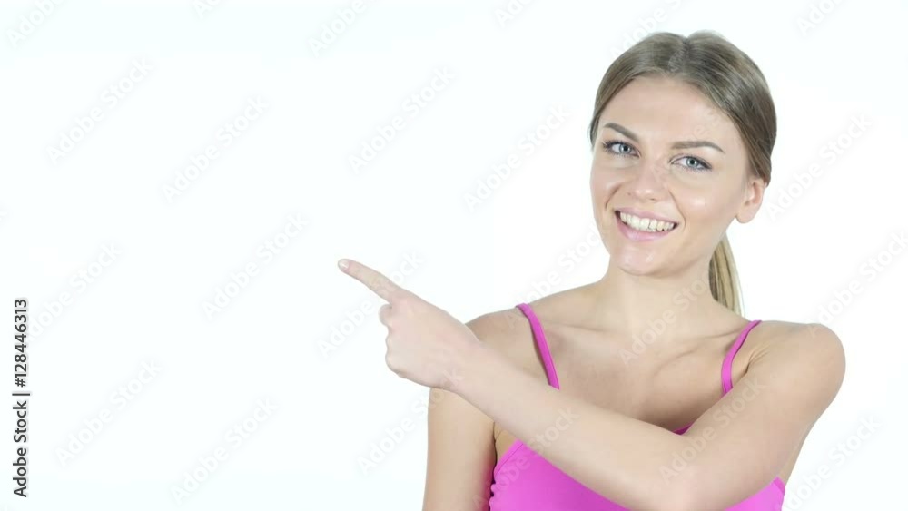 Woman Pointing Showing Aside , White Background Woman Pointing Showing Aside , White Background