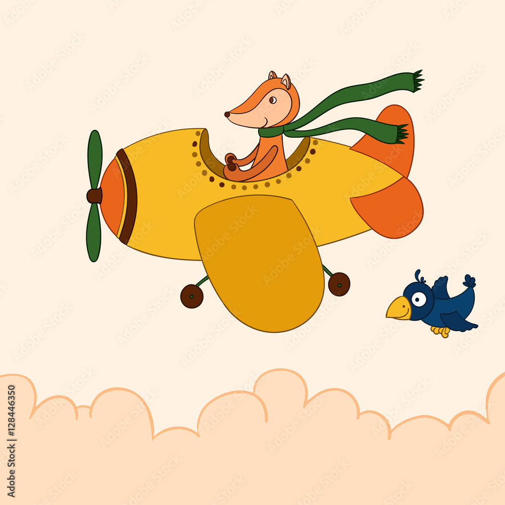 Naklejka premium Awesome cartoon fox flying on the airplane