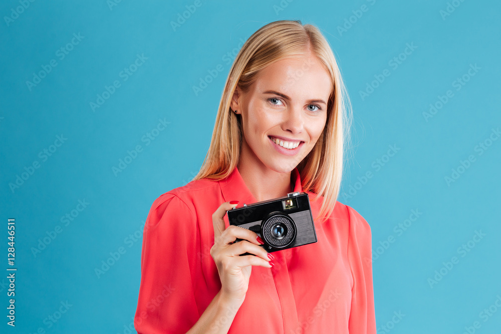 Portrait of a cheerful woman making photo on camera Portrait of a cheerful woman making photo on camera