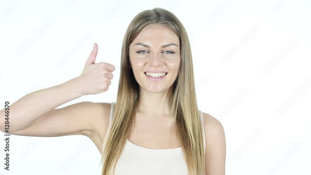 Thumbs Up By Beautiful Woman, White Background Thumbs Up By Beautiful Woman, White Background