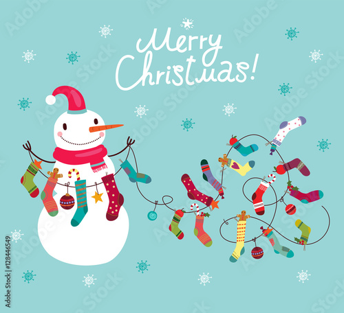 Cute snowman, christmas card. Snowman with socks and gifts