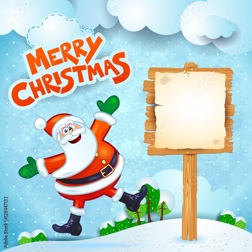 Christmas background with Santa, wooden sign and text