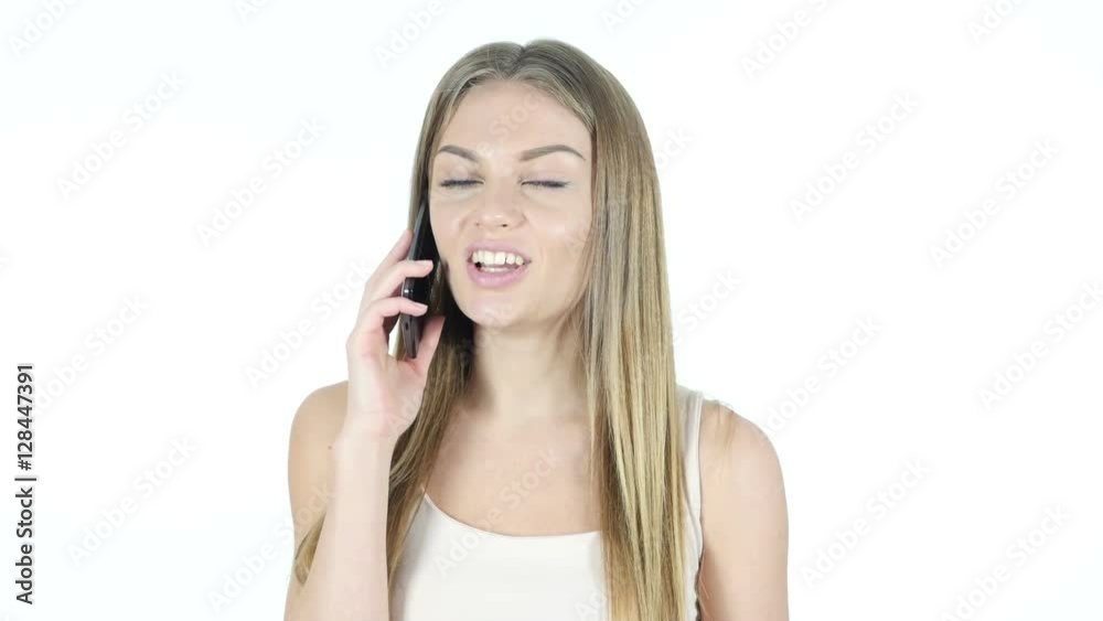 Woman Talking On Smartphone, White Background Woman Talking On Smartphone, White Background