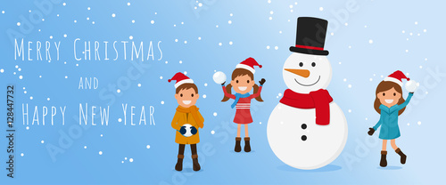 Merry Christmas. Cute kids and snowman playing snowball in winter season. Christmas and Happy New Year Banner. Cartoon Vector Illustration