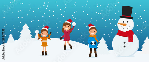 Merry Christmas. Cute kids and snowman playing snowball in winter season. Christmas and Happy New Year Banner. Cartoon Vector Illustration