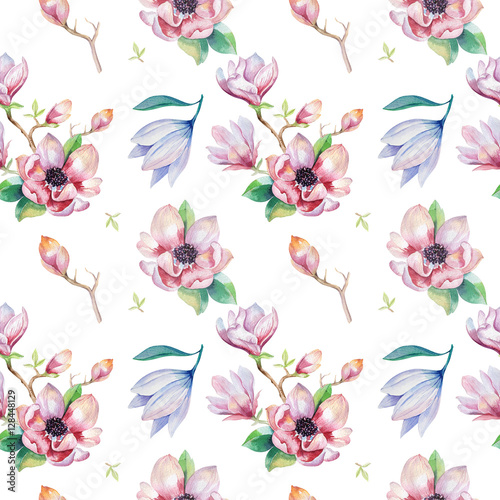 Watercolor seamless wallpaper with magnolia flowers, leaves.