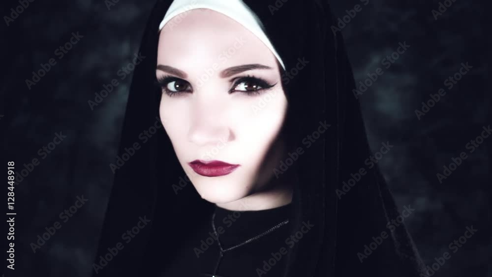 4k Halloween Shot of a Horror Nun Turning Beautiful at Camera 4k Halloween Shot of a Horror Nun Turning Beautiful at Camera