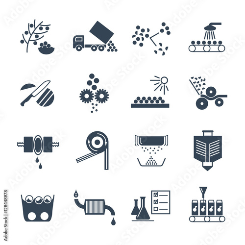 set of black icons manufacture of juice production process
