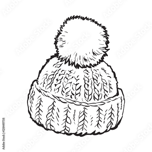 Bright winter knitted hat with pompon, sketch style vector illustrations isolated on white background. Hand drawn woolen hat with a big fluffy pompom, winter accessory