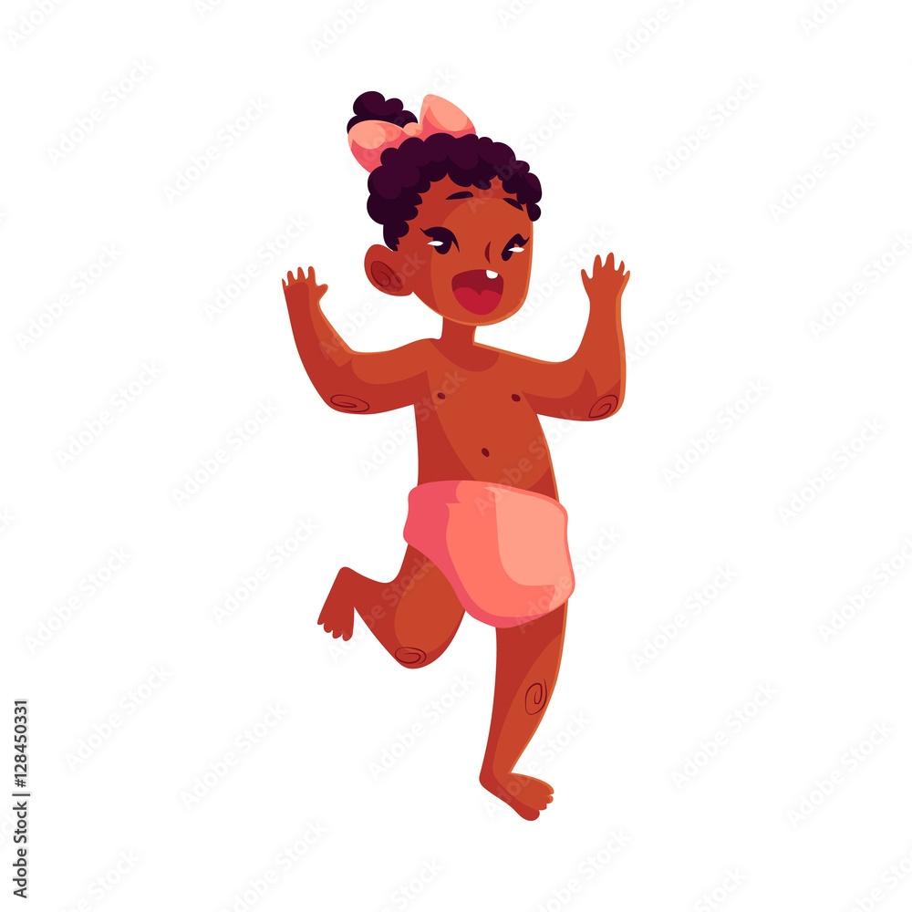 Cute little black baby girl dancing happily, cartoon vector illustrations  isolated on white background. Little african girl, kid, child, baby, infant  dancing from happiness with raised hands Stock Vector | Adobe Stock
