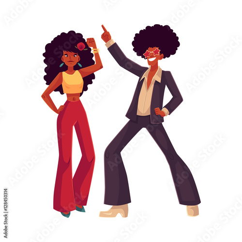 Man and woman with afro hair and 1970s style clothes dancing disco, cartoon style vector illustration isolated on white background. Young man and woman in flares with african black hair