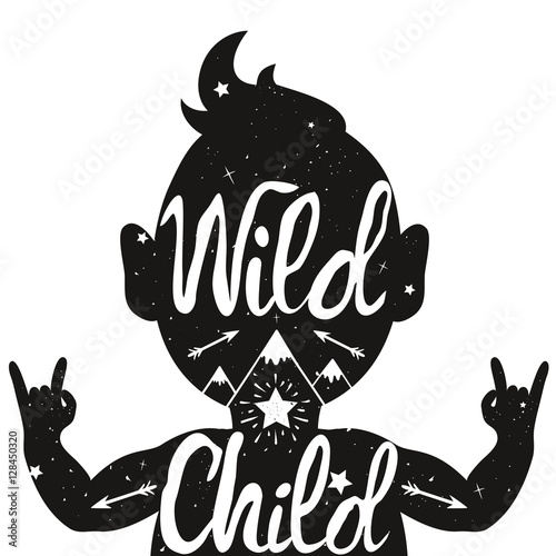 Wild Child. Illustration with baby silhouette with text, arrows and mountains.