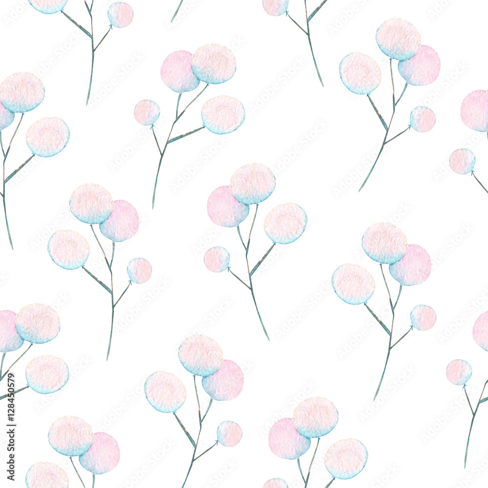 Seamless floral pattern with the watercolor abstract fluff branches, hand drawn on a white background