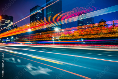 Traffic light trails in downtown of Shenzhen China.