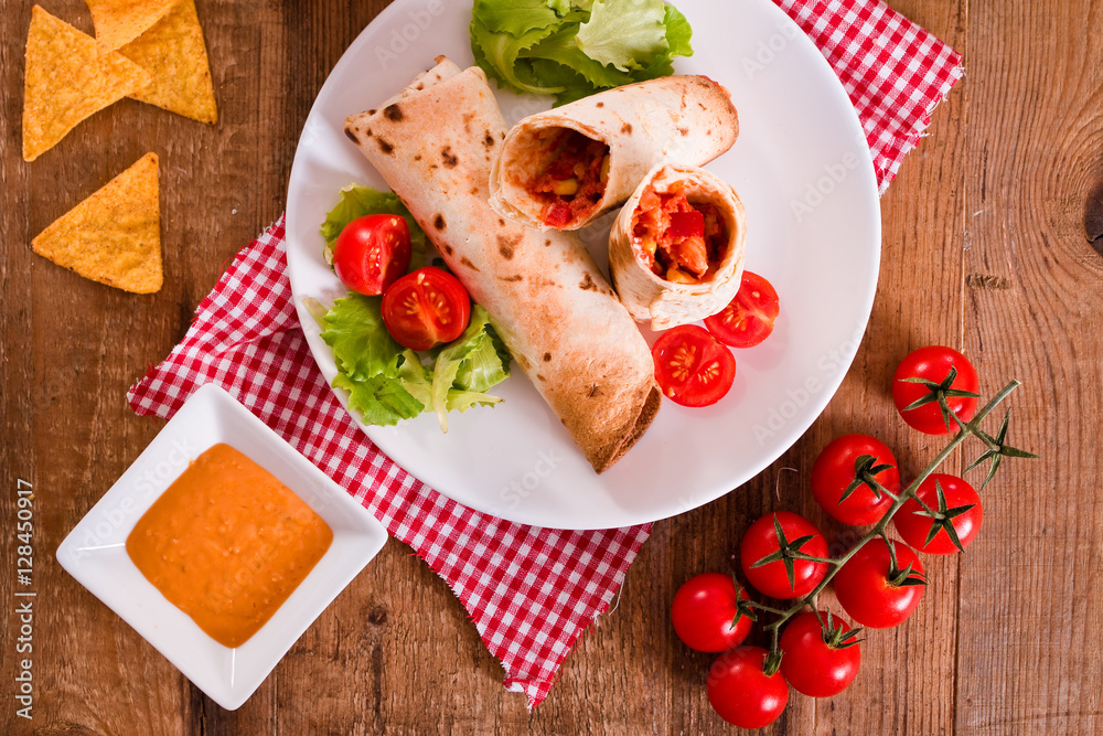 Tortilla wraps with chicken and vegetable. Tortilla wraps with chicken and vegetable.