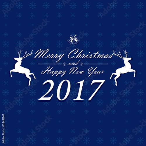 Merry Christmas and Happy New Year with white Reindeer on blue background.