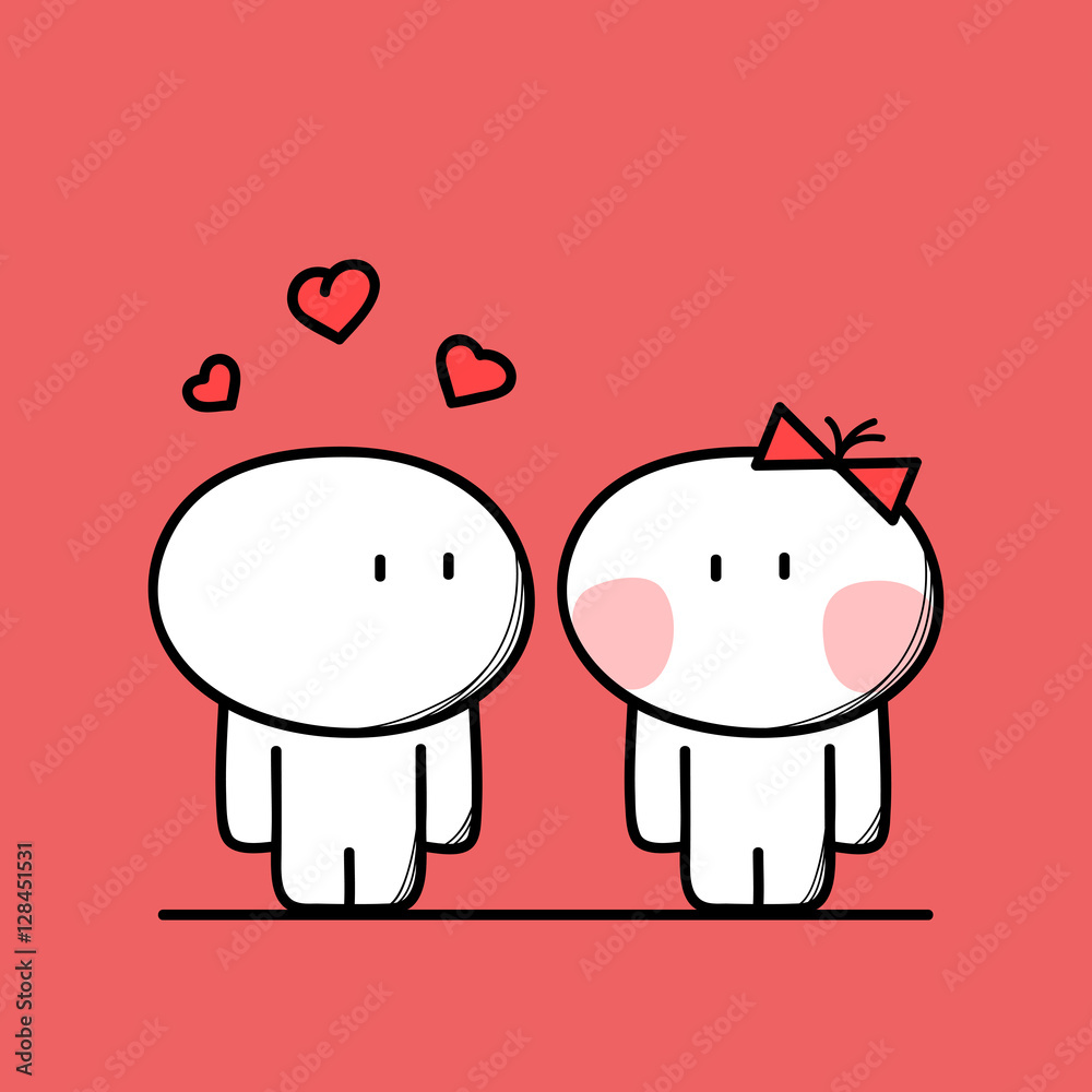 Cute man is in love with woman with hearts above the head on the red background. Meet and sympathy - cartoon vector illustration. Cute man is in love with woman with hearts above the head on the red background. Meet and sympathy - cartoon vector illustration.