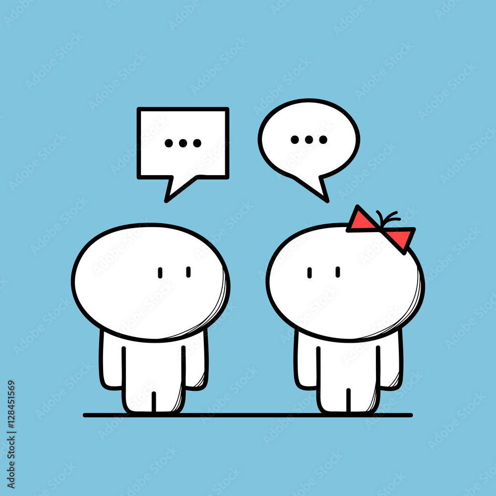 Cute man talks to a woman with chat symbols on the yellow background. Conversation and relationships - cartoon vector illustration. Cute man talks to a woman with chat symbols on the yellow background. Conversation and relationships - cartoon vector illustration.