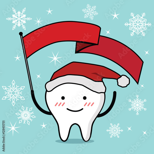 Vector of Cute healthy white teeth wearing santa hat and holding red flag for Christmas 