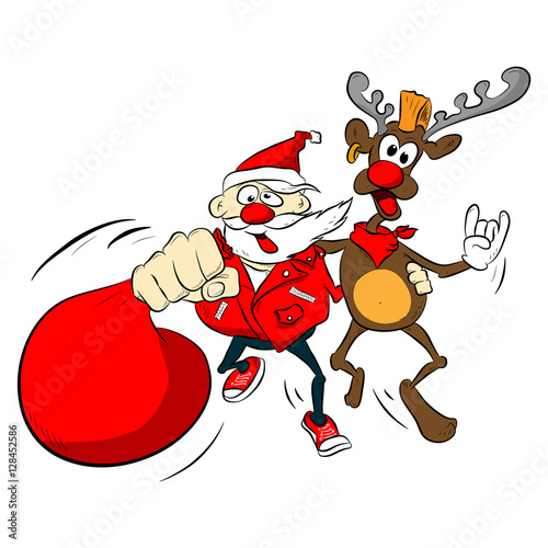 Santa claus, reindeer isolated. Vector cartoon illustration. Comics style. Colored crazy, rock, drunk, funny, punk character with gift