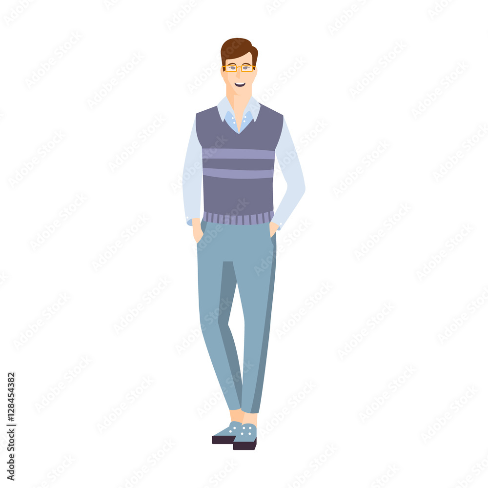 Man In Shortened Trousers With HAnds In Pockets Part Of The Collection Of Young Professional People Office Style And Street Fashion Looks Man In Shortened Trousers With HAnds In Pockets Part Of The Collection Of Young Professional People Office Style And Street Fashion Looks