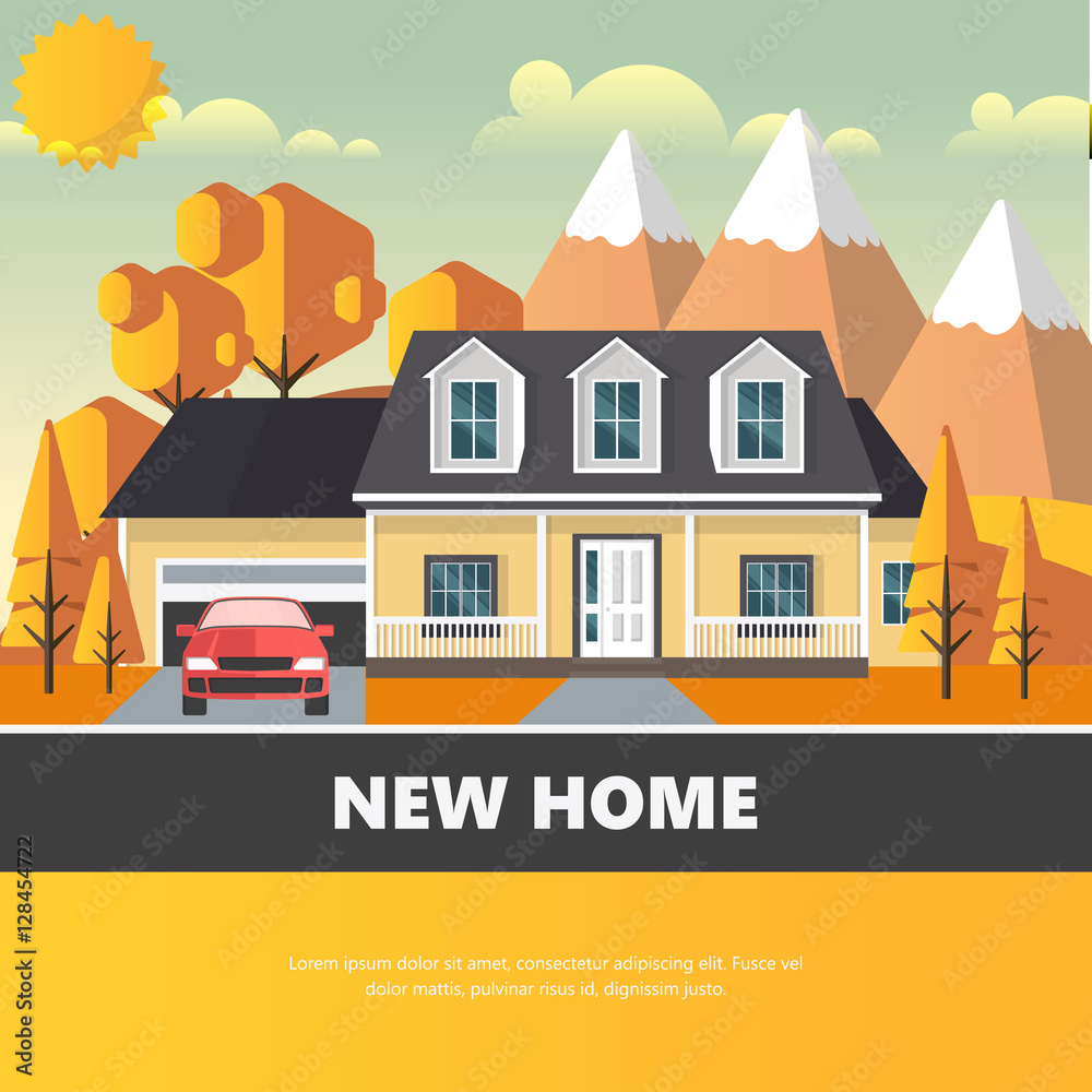 American suburban house Flat design vector concept illustration.