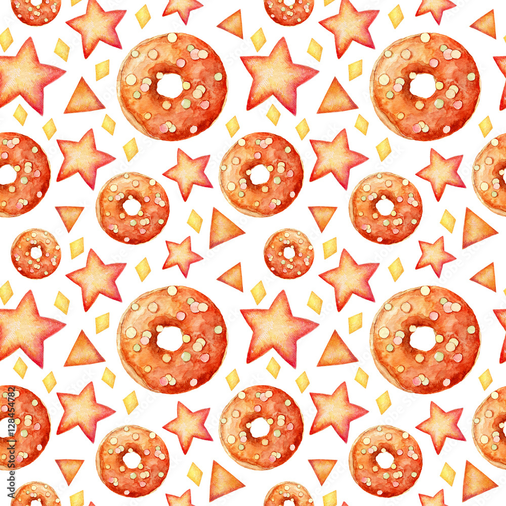 Watercolor seamless pattern with glazed donuts and stars. Repeating orange background design isolated on white. Delicious background Watercolor seamless pattern with glazed donuts and stars. Repeating orange background design isolated on white. Delicious background