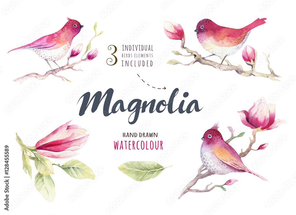 Naklejka premium Watercolor Painting Magnolia blossom flower and bird wallpaper d