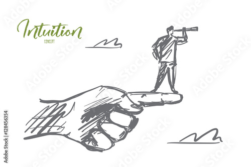Vector hand drawn intuition concept sketch. Man standing on edge of huge human finger and looking throuth spyglass. Lettering Intuition concept