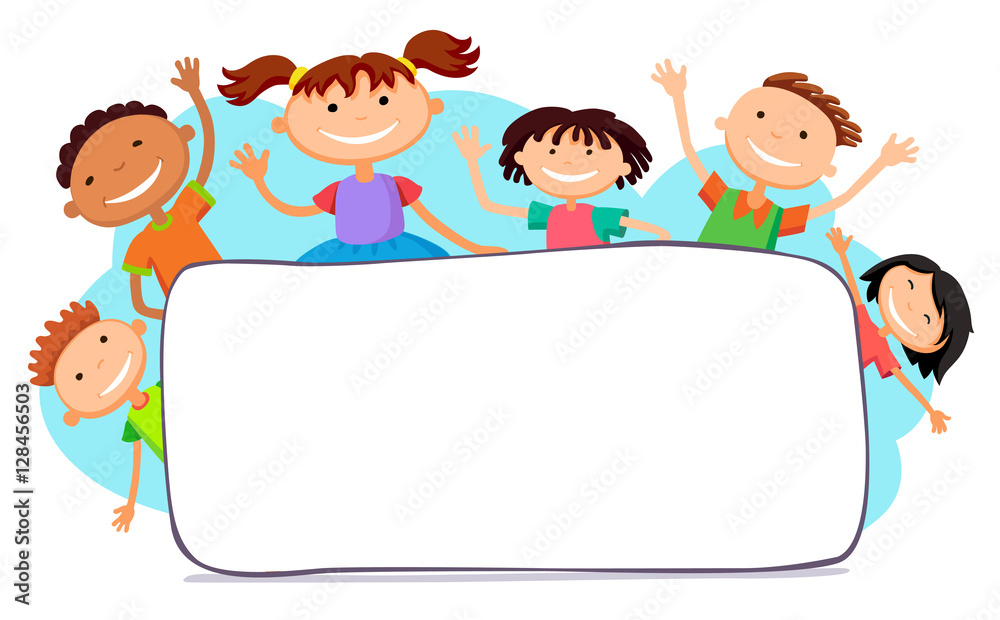 illustration of kids peeping behind placard illustration of kids peeping behind placard