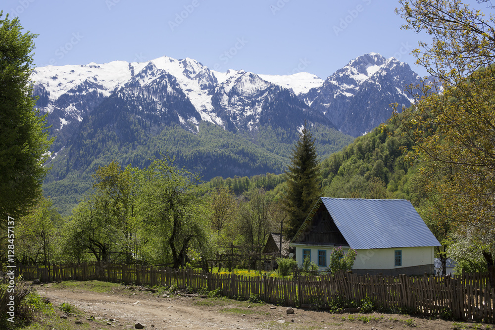 Summer view valley and rural small house. Alpine landscape.